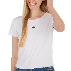 Juniors Embroidered Cherry Solid Ribbed Top