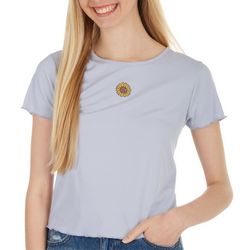 No Comment Juniors Embroidered Sunflower Solid Ribbed Top