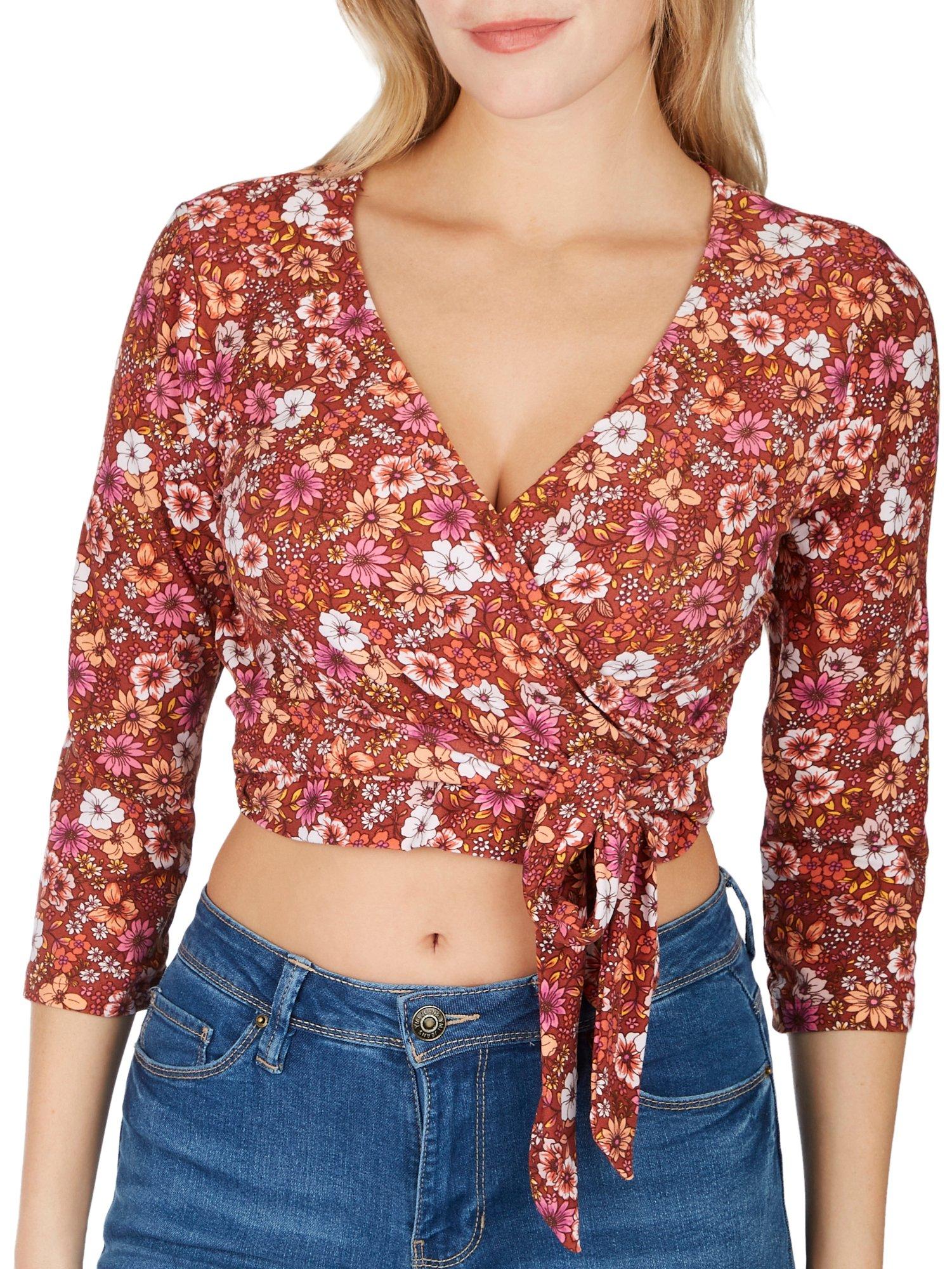 No Comment Juniors Wrapped 70s Floral Long Sleeve Shirt