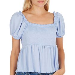 Juniors Solid Smocked Puff Short Sleeve Top