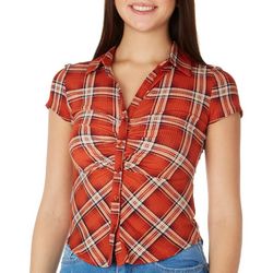 Almost Famous Juniors Plaid Button Down Ruched Top