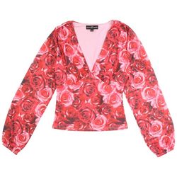 Almost Famous Juniors V-Neck Rose Printed Long Sleeve Top