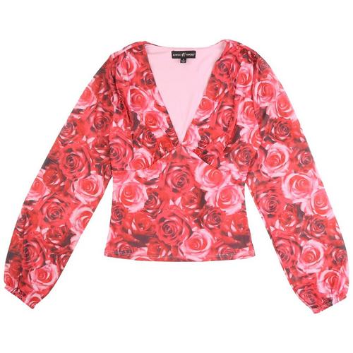 Almost Famous Juniors V-Neck Rose Printed Long Sleeve