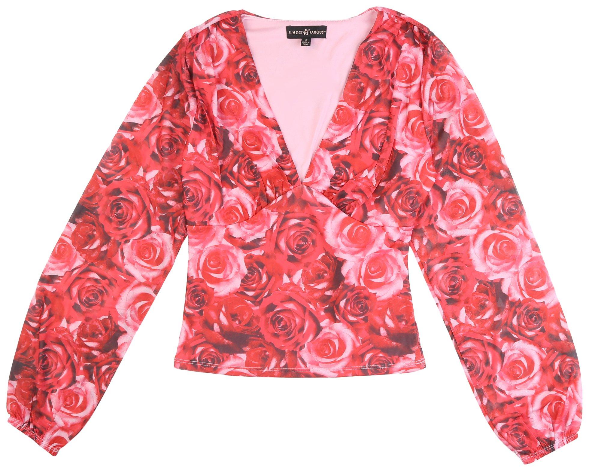Juniors V-Neck Rose Printed Long Sleeve Top