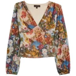 Juniors V-Neck Floral Printed Long Sleeve Top