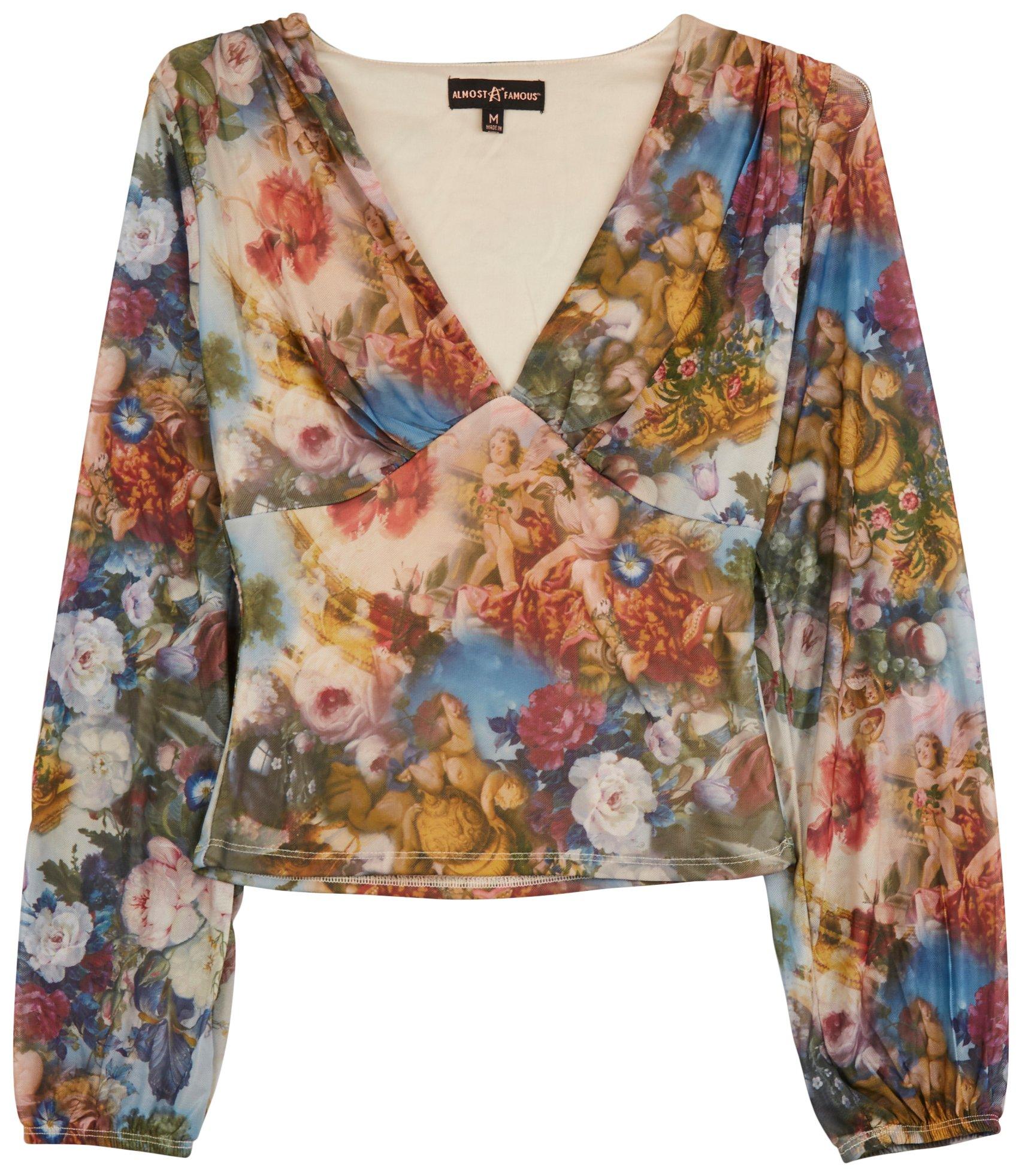 Juniors V-Neck Floral Printed Long Sleeve Top