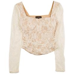 Juniors Ribbed Puff Long Sleeve Lace Top