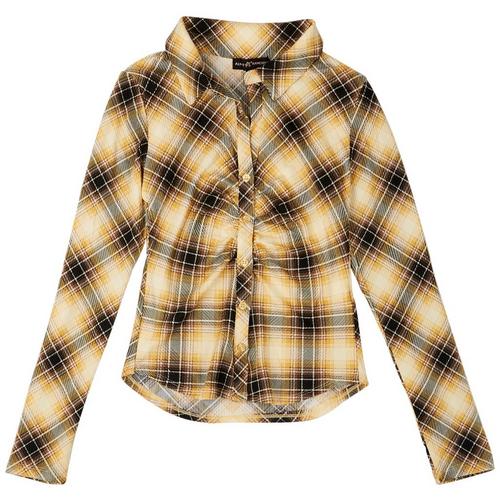 Juniors Honey Plaid Button Down Ruched Long Sleeve