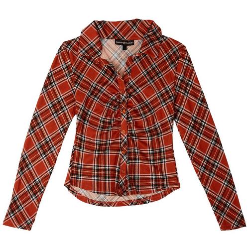 Juniors Plaid Button Down Ruched Long Sleeve Top