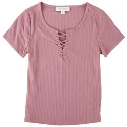 Pink Rose Juniors Solid Lace Up Neck Short Sleeve Top