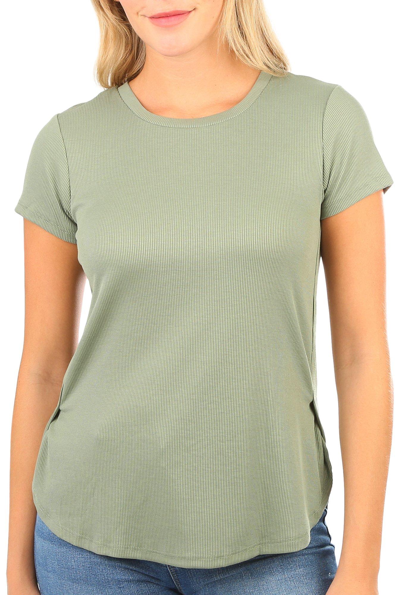 Juniors Solid Ribbed Split Hem Short Sleeve Top
