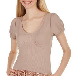 Pink Rose Juniors Ribbed V Neck Puff Sleeve Crop Top