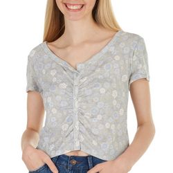 Pink Rose Juniors Floral Shirred Ribbed Button Crop Top