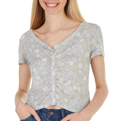 Pink Rose Juniors Floral Shirred Ribbed Button Crop