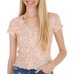 Pink Rose Juniors Floral Button Ribbed Short Sleeve Crop Top