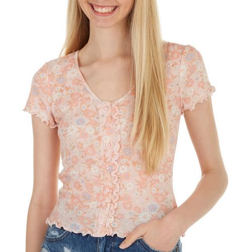 Pink Rose Juniors Floral Button Ribbed Short Sleeve