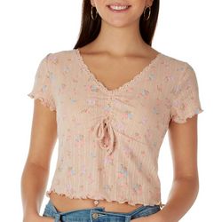 Pink Rose Juniors Floral Ruched Pointelle Crop Top