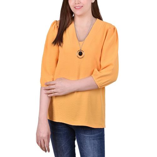 NY Collection Womens Balloon Sleeve Necklace Blouse