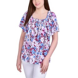 NY Collection Womens Floral Smocked Neckline Top