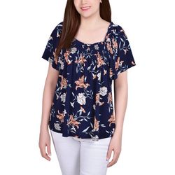 NY Collection Womens Floral Smocked Neckline Top