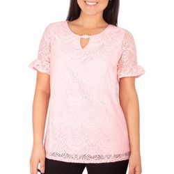 NY Collection Womens Ruffle Sleeve Lace Keyhole Top
