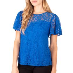 NY Collection Womens Short Flutter Sleeve Lace Top