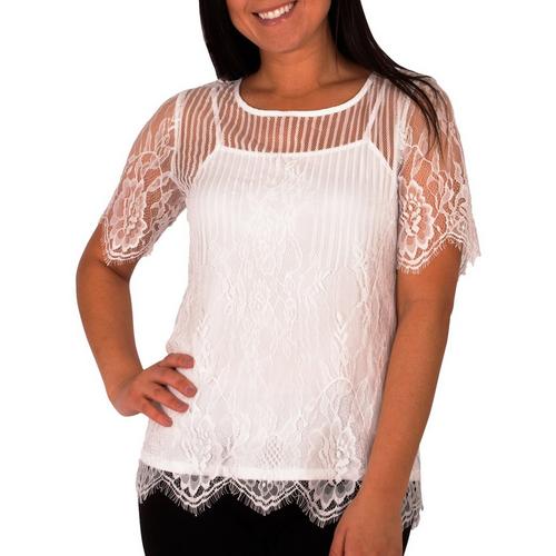 NY Collection Womens Jewel Neck Lace Top With