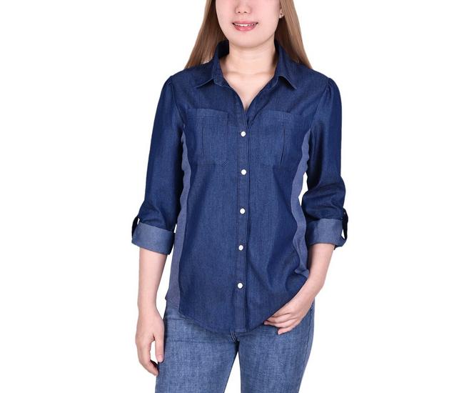 Womens Bealls 3/4 Sleeve Rib Denim Side Florida Blouse Insets | NY Collection