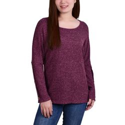 NY Collection Womens Rib Knit Button Long Sleeve Top