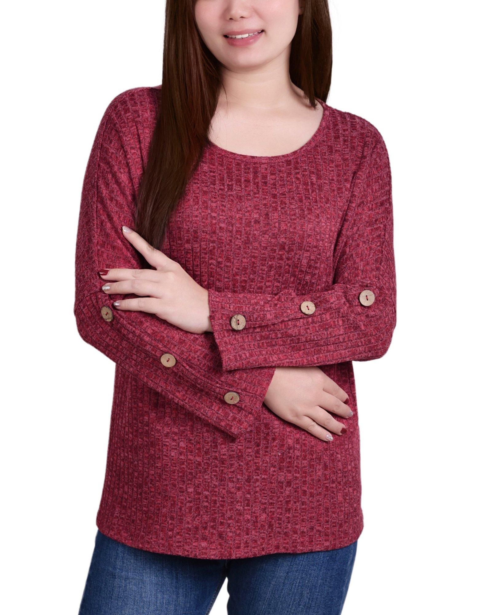 NY Collection Womens Rib Knit Button Long Sleeve Top
