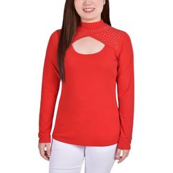 NY Collection Womens Long Sleeve Studded Mock Neck Top