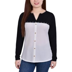 NY Collection Women's L/S Colorblocked Split Neck Top