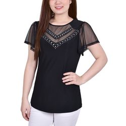 NY Collection Womens Studded Sheer Neck Detail Top