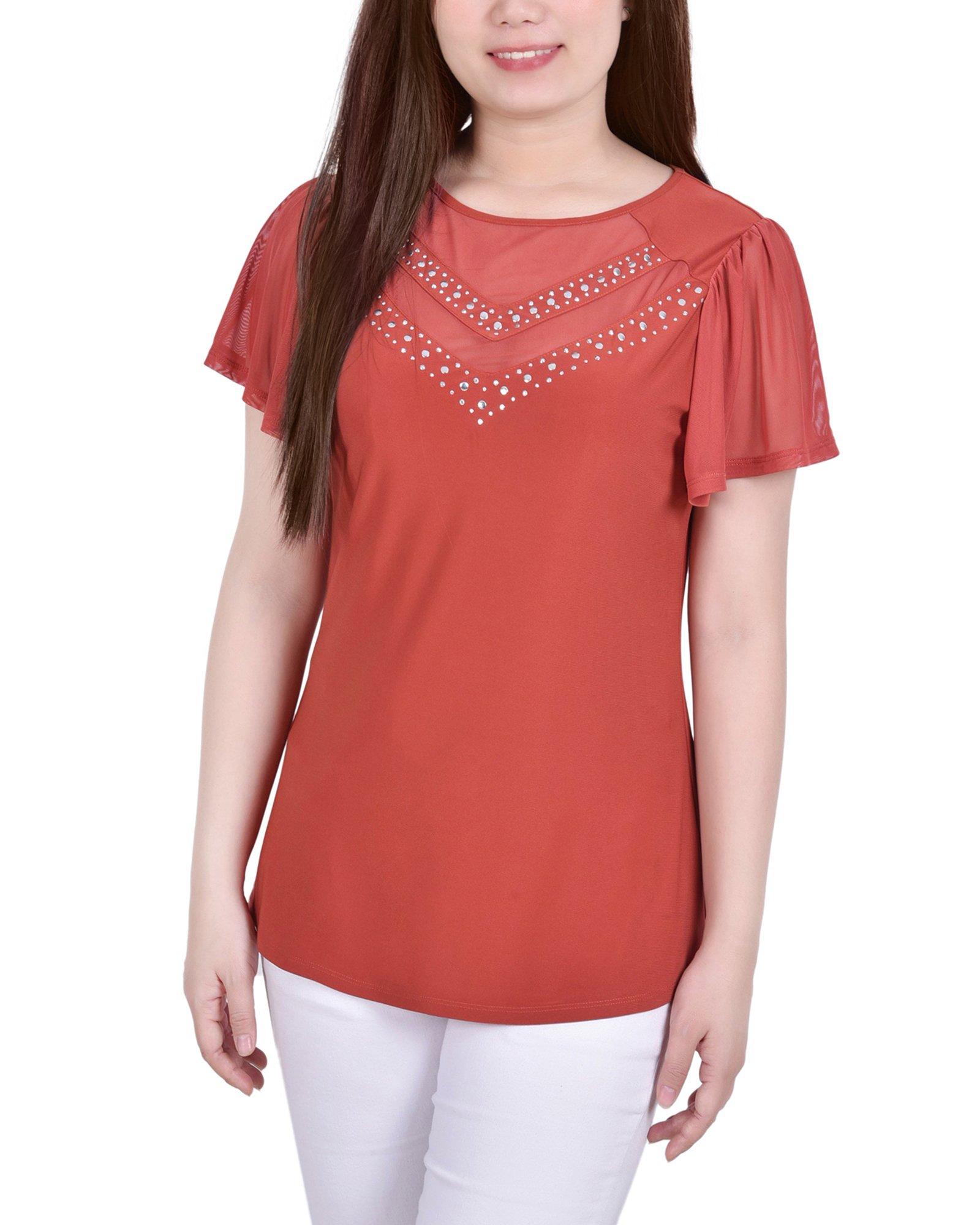 NY Collection Womens Studded Sheer Neck Detail Top