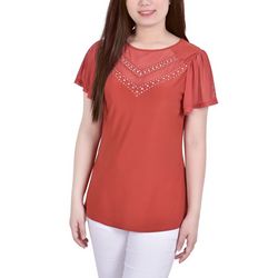NY Collection Women's Studded Flutter Sleeve Mesh Detail Top