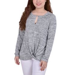 NY Collection Womens Long Sleeve Knit Keyhole Studded Top
