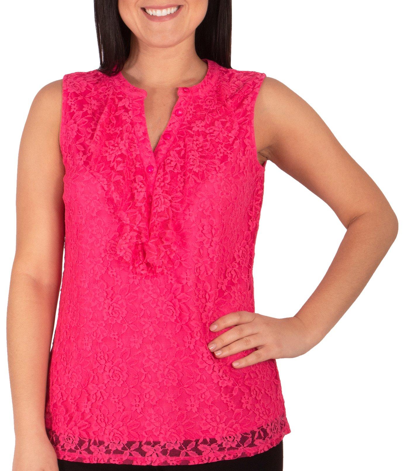 NY Collection Womens Lace Ruffle Front Top