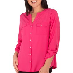 NY Collection Womens Ruched Tab Sleeve Top