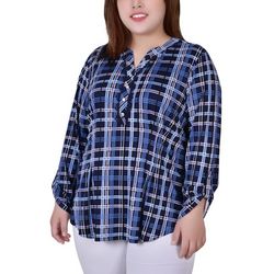 NY Collection Plus 3/4 Roll Tab Sleeve Plaid Y Neck Top