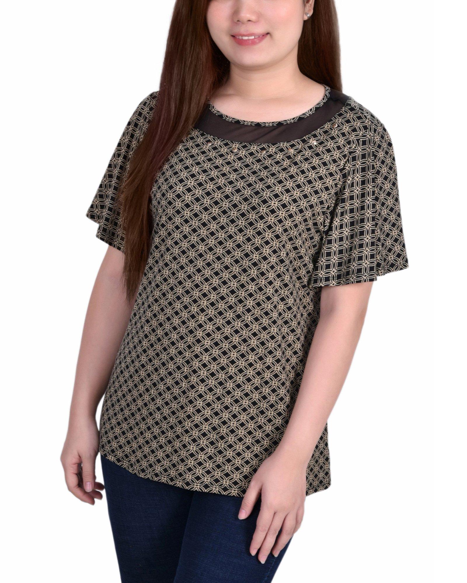 NY Collection Womens Short Sleeve Knit Top With Sheer Inset