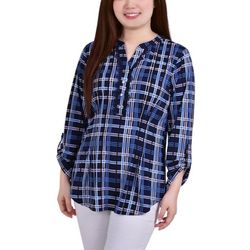 NY Collection Womens 3/4 Roll Tab Sleeve Plaid Y Neck Top