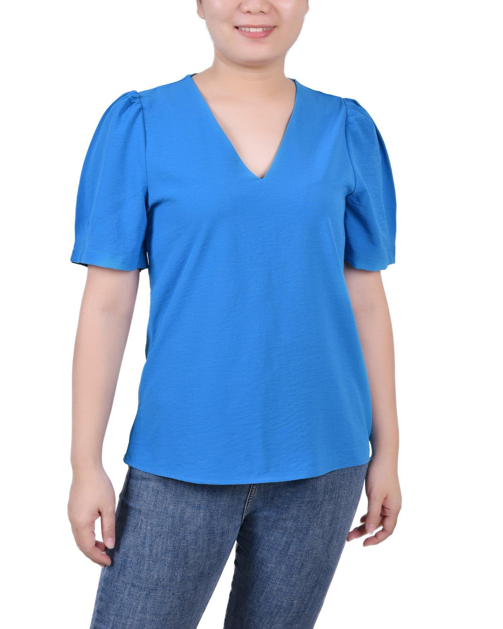 NY Collection Womens Short Sleeve V Neck Blouse