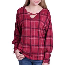 NY Collection Womens Plaid Cross Neckline Top