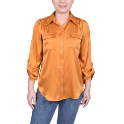 NY Collection Womens Tabbed Long Sleeve Satin Blouse