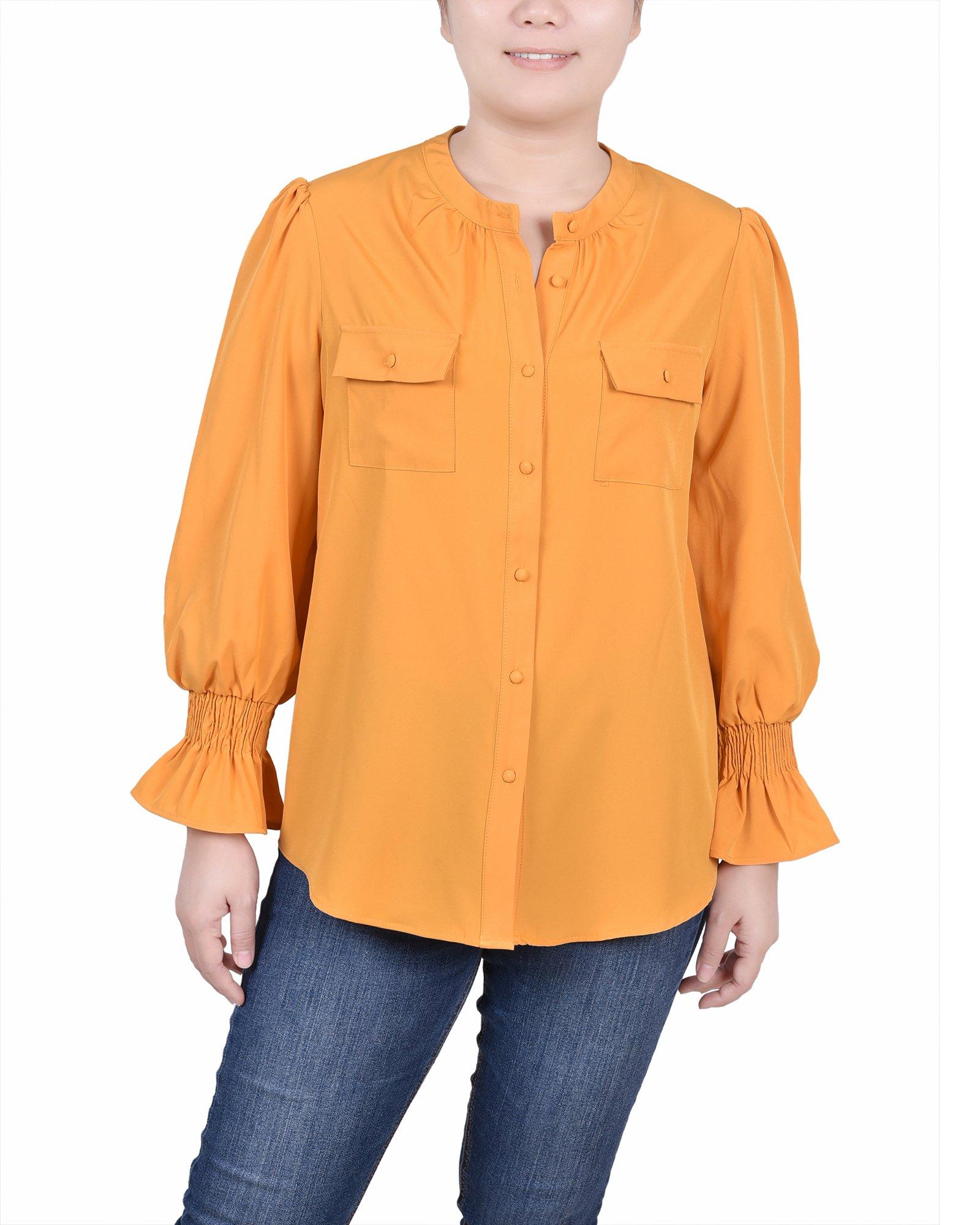 NY Collections Womens Long Sleeve Y Neck Blouse.