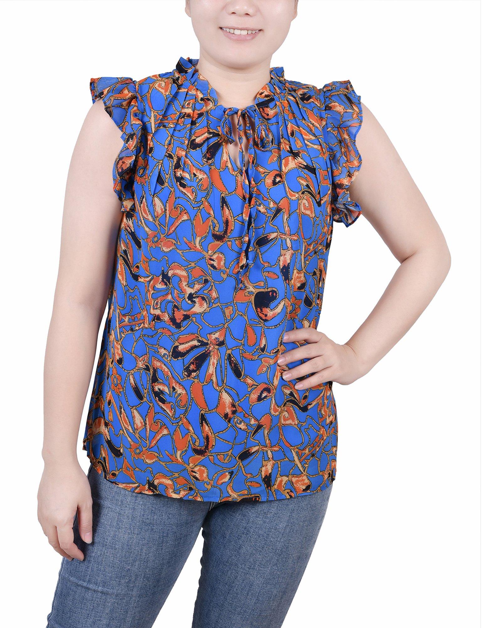 NY Collection Womens Ruffled Sleeve Blouse With Tie Closure