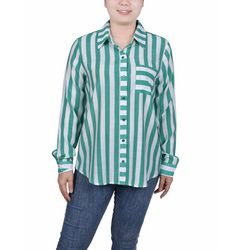 NY Collection Womens Long Sleeve Striped Blouse
