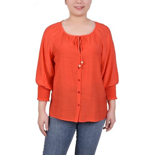 NY Collection Womens 3/4 Sleeve Button Front Blouse