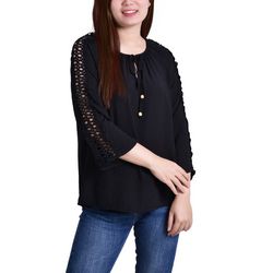 NY Collection Womens 3/4 Sleeve Crochet Detail Blouse