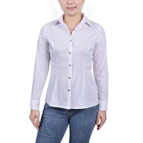 NY Collection Womens Long Sleeve Button Front Blouse